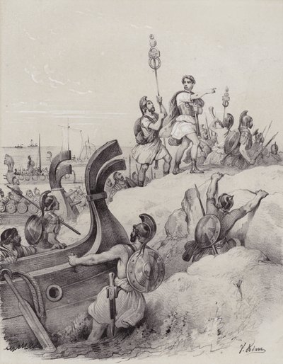 Julius Caesar en de Romeinen landen in Kent tijdens hun eerste invasie van Groot-Brittannië, 55 v.Chr. door French School
