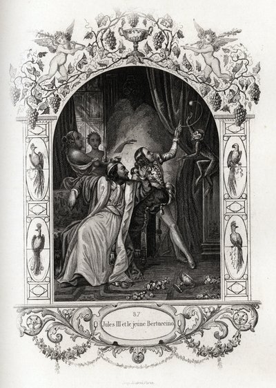 Julius III (julius of Iulius of Giulio) (paus van 1550 tot 1555) en de jonge Bertuccino, de apenshow. Gravure ter illustratie van Histoire des popes door Maurice Lachatre (1814-1900), librairie du progrès, Parijs door French School