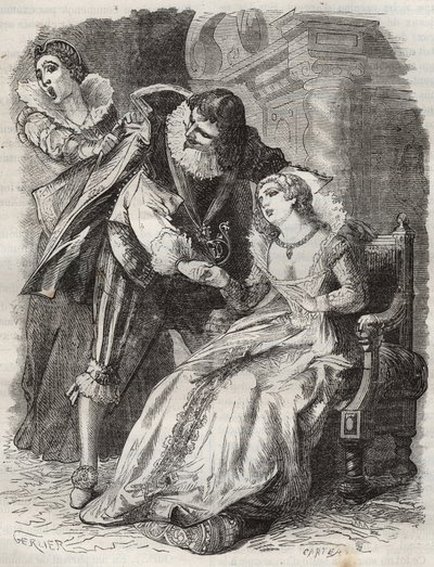 Springend als een woedende, grijpt de hertog bij zijn jas... Koningin van Frankrijk Anne van Oostenrijk (1601-1666) en de Hertog van Buckingham (George Villiers) door French School