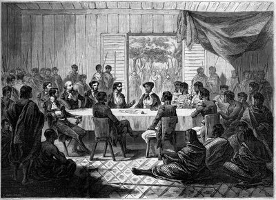 Kabar (bijeenkomst) van Franse officieren en Malagassische hoofden die koningin Ranavalo Manjaka I (Ranavalona) vertegenwoordigen. Madagaskar door French School