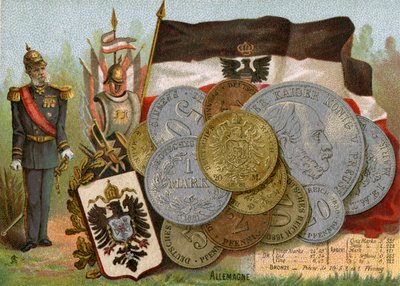 Kaiser Wilhelm I staand naast de vlag van het Koninkrijk Pruisen en een display van Duitse marken, ca. 1890 door French School