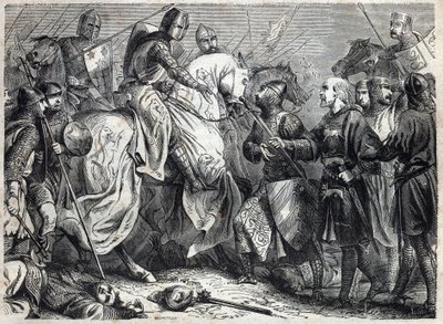 Koning Alfons V de Grootmoedige (v. 1396-1458), koning van Aragon, verovert het koninkrijk Napels. Gravure in 