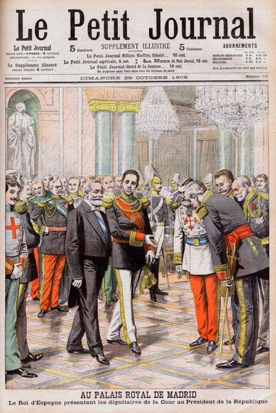 Koning Alfonso XIII van Spanje stelt zijn hof voor aan president Emile Loubet van Frankrijk in het Koninklijk Paleis in Madrid. In het Koninklijk Paleis van Madrid. De koning van Spanje Alfonso XIII stelt de hoogwaardigheidsbekleders van het hof voor aan d door French School