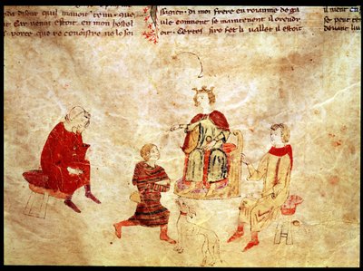 Koning Arthur op zijn troon omringd door zijn adviseurs, uit de Roman de Meliadus door French School