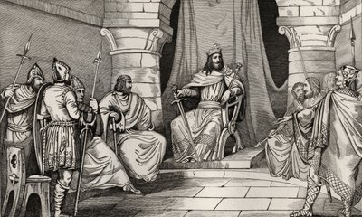 Koning Charibert (521-67) in raad met magistraten, uit 