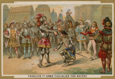 Koning Karel I van Frankrijk geridderd door Chevalier de Bayard na de Slag bij Marignano, 1515 door French School