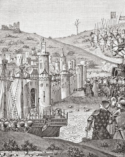 Koning Karel VII, bij het verlaten van Rouen, vertrekt om de stad Harfleur te belegeren, naar een miniatuur uit het 15e-eeuwse manuscript Chroniques de Monstrelet, uit Wetenschap en Literatuur in de Middeleeuwen door Paul Lacroix, gepubliceerd in Londen 18 door French School