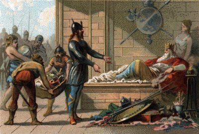 Koning Clovis III, bijgenaamd Le Feneant, koning van Frankrijk van 691 tot 695. Chromolithografie rond 1890 door French School