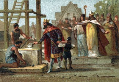 Koning Dagobert I (600-639) houdt toezicht op de bouw van de Kathedraal Saint Denis. door French School
