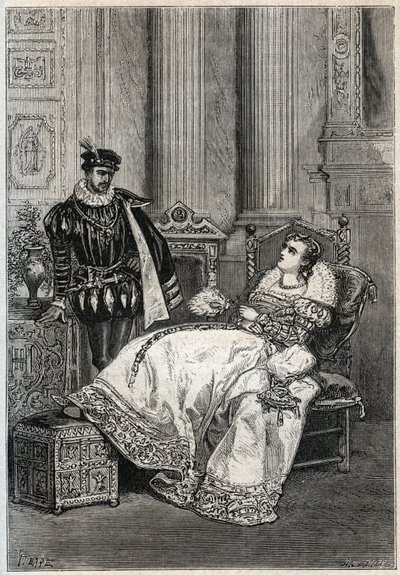 Koning Hendrik II (1519-1559) en Diane de Poitiers (1499-1566) - gravure uit 