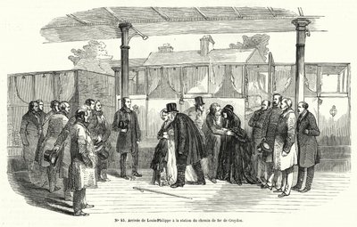 Koning Louis-Philippe van Frankrijk arriveert op het station van Croydon na gedwongen ballingschap, februari 1848 (gravure) door French School