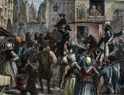 Koning Lodewijk XVI en zijn familie naar de Tempel gebracht (kleurgravure) door French School