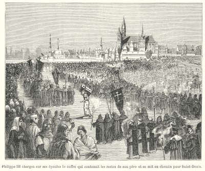 Koning Filips III van Frankrijk draagt de beenderen van zijn vader, Lodewijk IX, naar zijn begrafenis in de Basiliek van St. Denis, Parijs door French School