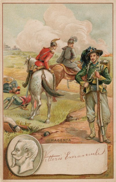 Koning Victor Emmanuel van Italië en het slagveld van Magenta door French School
