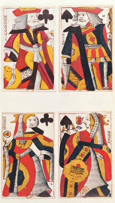 Koning en Koningin speelkaarten (gekleurde houtsnede) door French School