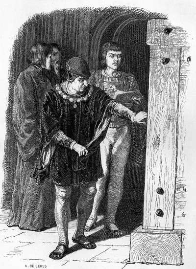 Koning van Frankrijk Lodewijk XI bezoekt de kooien van de Bastille. Gravure in 