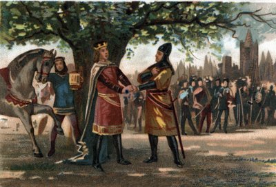 Koning van Frankrijk Filips Augustus (1165-1223) ontmoette koning Richard Leeuwenhart in Saint Denis tijdens de verovering van de Oriflamme. door French School