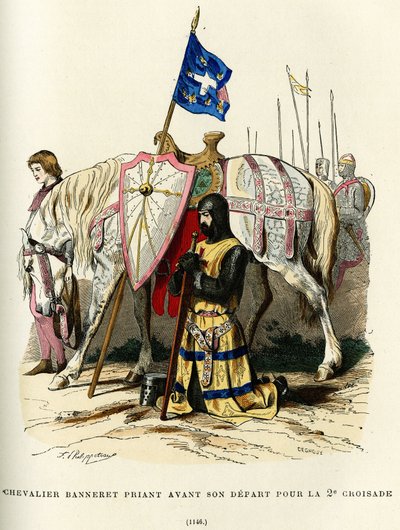 Ridder banierdrager (adellijke titel die het recht geeft om een banier te dragen) biddend voor zijn vertrek naar de tweede kruistocht (1147-1149). Kleurgravure, in 