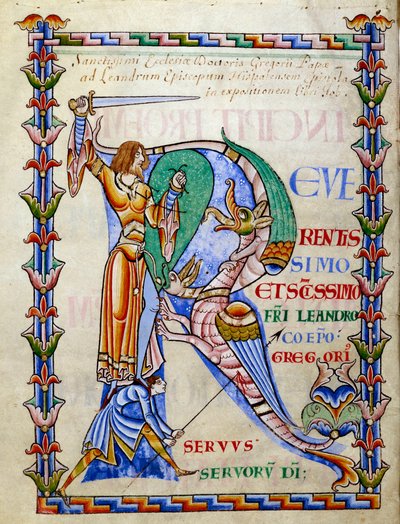 Ridder vecht tegen de draak - lettrine R (initiaal), Miniatuur uit het manuscript "Moralia in Job", Morales sur Job door Saint Gregoire, van de abdij van Citeaux door French School