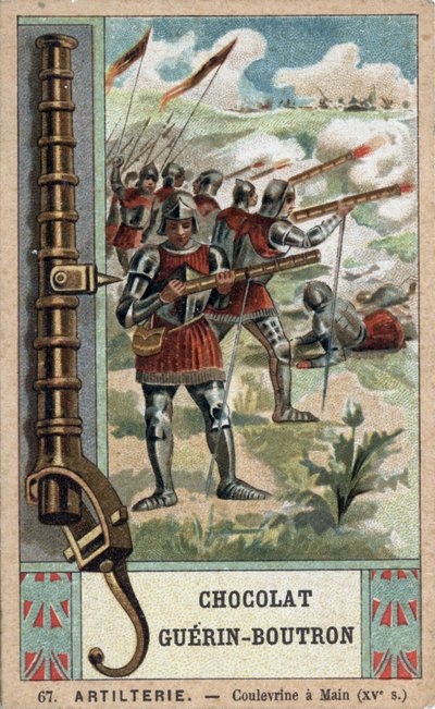 Ridder die een handkolf bedient uit de 15e eeuw. Chromolithografie uit de 19e eeuw van Guérin-Boutron chocolade. door French School