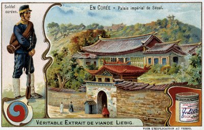 Korea: Keizerlijk paleis in Seoul en soldatenkostuum - Liébig chromo, ca. 1900 door French School