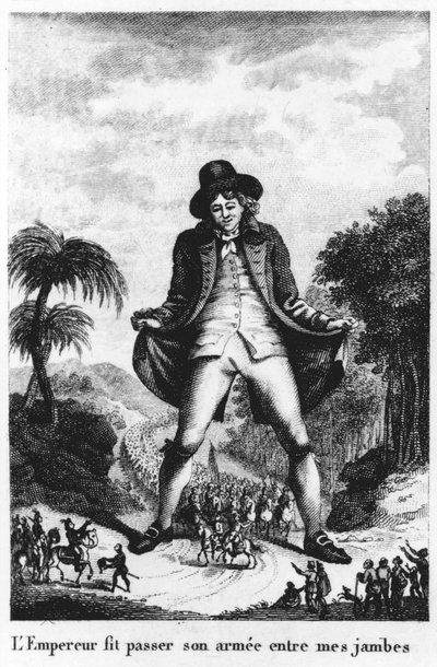 LEmpereur liet zijn leger tussen mijn benen door marcheren, uit een Franse vertaling van Gullivers Travels door French School