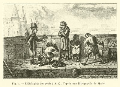 De etalagehouder van de bruggen, 1818, naar een lithografie van Marlet door French School
