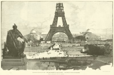 De Wereldtentoonstelling van 1889, staat van de werken op Champ de Mars, uitzicht vanaf het Palais du Trocadero, naar de foto van M H-C Godefroy door French School