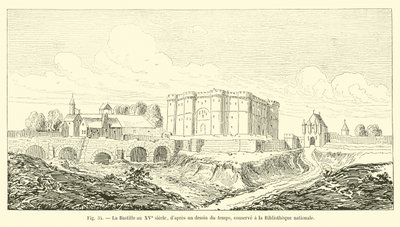 De Bastille in de 15e eeuw, naar een tekening uit die tijd, bewaard in de Nationale Bibliotheek door French School