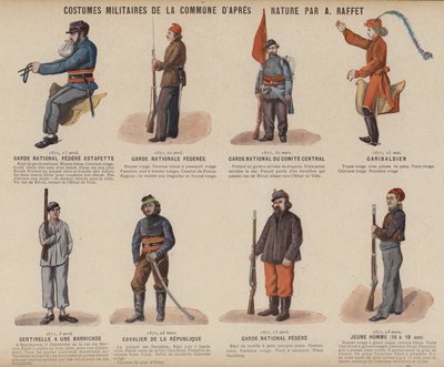 La Commune de Paris, Militaire Kostuums van de Commune door A Raffet (kleur litho) door French School