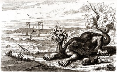La Frond (1648-1653): een monsterlijk dier met slangenhaar, staat boven menselijke lijken en skeletten door French School