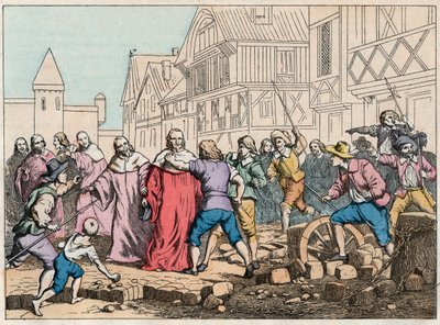 La Fronde (27 augustus 1648) - barricades in Parijs: een rotorjongen bedreigt de president van het parlement, Mathieu Mole (1584-1656) - President Mole mishandeld door opstandelingen - Gravure van het einde van de 19e eeuw in 