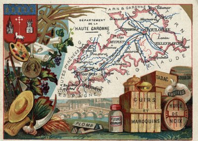 La Haute Garonne, Midi-Pyrenees, Frankrijk. Lokale specialiteit: lood, sinaasappelbloesems, pasta, leer en lederwaren, tabak, walnootolie, teer en truffels. Serie over de Franse departementen. Chromolithografie "de geografische draad", circa 1920. Privécol door French School