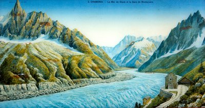 La Mer du Glace, Aiguille du Dru en Montanvers Station, ca. 1900 door French School