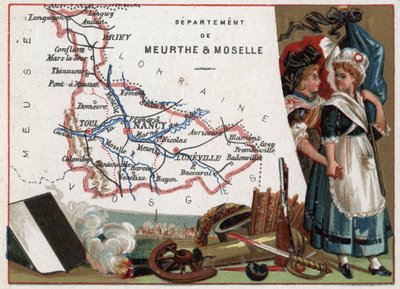 La Meurthe et Moselle (Meurthe-Et-Moselle, 54), Lorraine, Frankrijk. Portret van twee revolutionaire vrouwen. Serie over de Franse departementen. Chromolithografie 