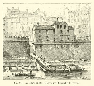 Het mortuarium in 1830, naar een lithografie uit die tijd door French School
