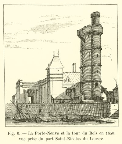 De Porte-Neuve en de toren van het Bos in 1650, uitzicht vanaf de haven Saint-Nicolas van het Louvre door French School