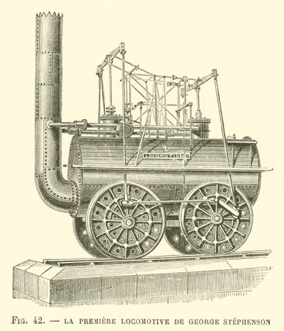 De Eerste Locomotief van George Stephenson (gravure) door French School