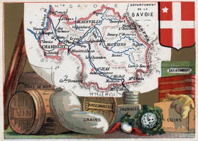 La Savoie (73), Rhone Alpes, Frankrijk. Serie over de Franse departementen. Lokale specialiteit: walnotenolie, wijn, granen, kirschwasser (kirsch), kaas, chambery gaas en leer. Chromolithografie 