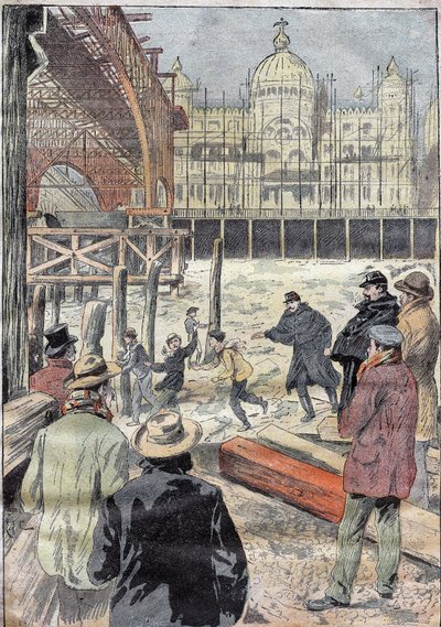 De bevroren Seine, nabij de ijzeren brug gebouwd voor de wereldtentoonstelling, naast de Pont des Invalides, winter 1899. Gravure in 