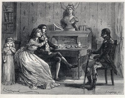 De Terreur tijdens de Franse Revolutie: Camille Desmoulins (1760-1794), gevangen, ontvangt bezoek van zijn vrouw Lucile (1770-1794) en de maarschalk Guillaume Brune (1763-1815) door French School