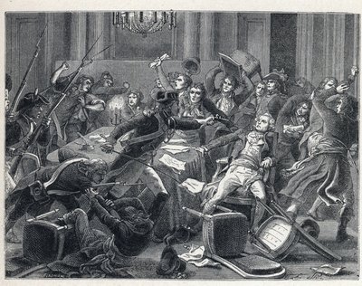 De Terreur tijdens de Franse Revolutie: arrestatie van Maximilian de Robespierre (1758-1794) en zijn aanhangers in het Hotel de Ville de Paris op 9 Thermidor jaar II (27 juli 1794). In het midden vuurt een gendarme een pistool af op Robespierre (1758-1794) door French School