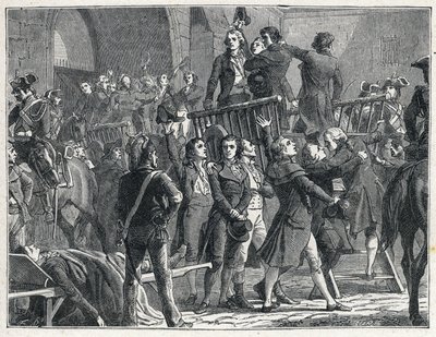 De Terreur tijdens de Franse Revolutie: Girondijnen veroordeeld tot de dood vertrekken zingend patriottische liederen naar het schavot door French School