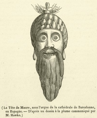Het hoofd van de Moor, onder het orgel van de kathedraal van Barcelona, in Spanje (gravure) door French School