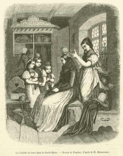 De bruidstoilette in het Zwarte Woud (gravure) door French School