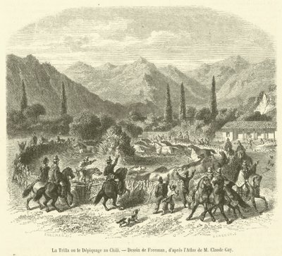 De dors of het dorsen in Chili (gravure) door French School