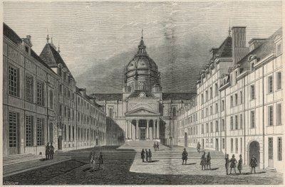 De binnenplaats van de Sorbonne in Parijs in de 19e eeuw - Gravure in 