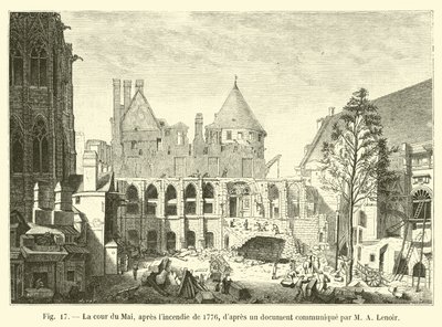 De Mai binnenplaats, na de brand van 1776, volgens een document gedeeld door M. A. Lenoir door French School