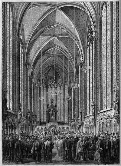 De mis van de Heilige Geest, gevierd in de Sainte Chapelle van Parijs, ter gelegenheid van de terugkeer van de magistratuur, op 3 november 1863. Gravure in "Le Monde Illustré" nr. 343 van 7 november 1863 door French School