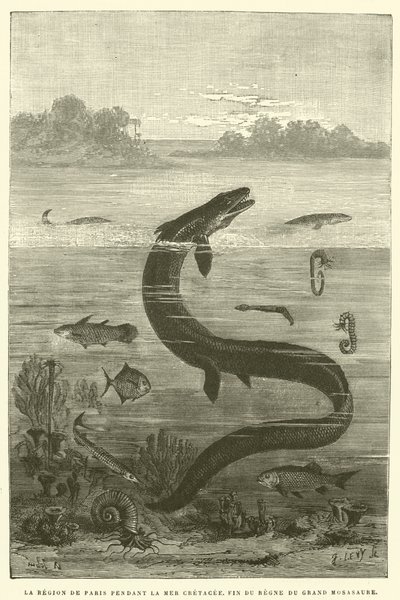 De regio van Parijs tijdens de Krijtzee, einde van het bewind van de grote mosasaurus (gravure) door French School